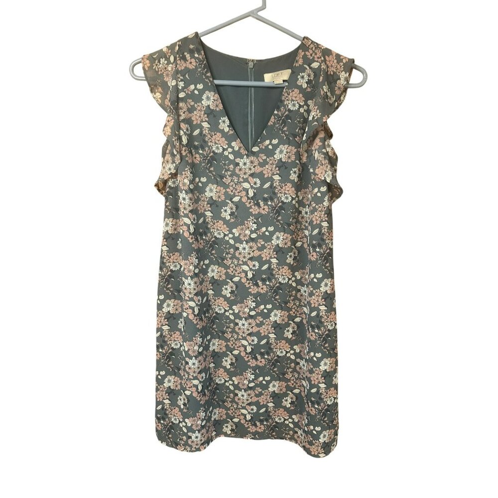 LOFT XS Petite Gray & Pink Floral Ruffle Sleeveless Dress - V-Neck Mini Sundress